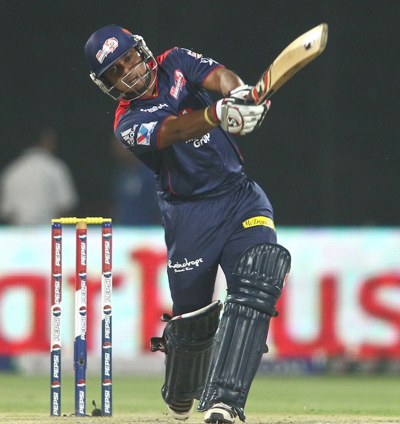 Kedar Jadhav smacks an Ishant Sharma slower ball, Delhi Daredevils v Sunrisers Hyderabad, IPL, Delhi, April 12, 2013