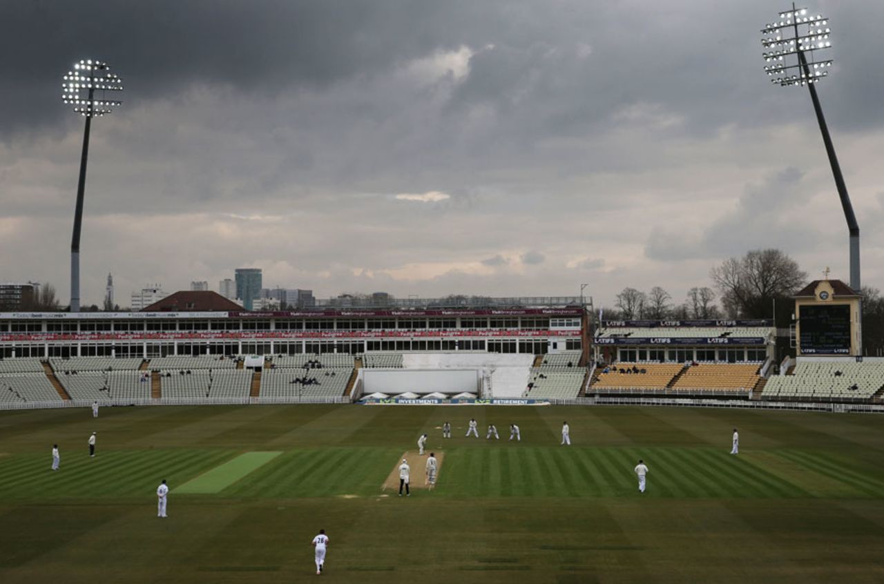 The floodlights were required on a gloomy day in Birmingham, Warwickshire v Derbyshire, County Championship, Division One, Edgbaston, 3rd day, April 12, 2013