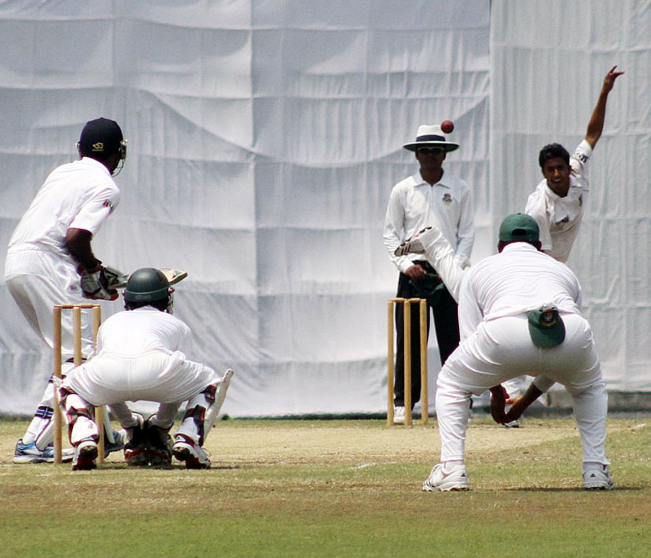 AK Tyronne bowls for Sri Lanka Under-19, Bangladesh U-19 v Sri Lanka U-19, 1st Youth Test, Mirpur, 4th day, April 13, 2013
