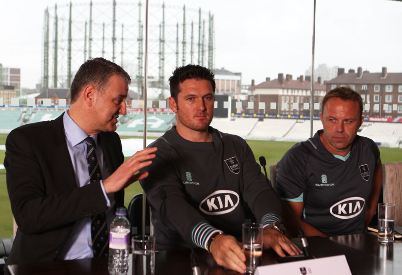 Surrey chairman Richard Thompson, Graeme Smith and Chris Adams, The Oval, April 12, 2013