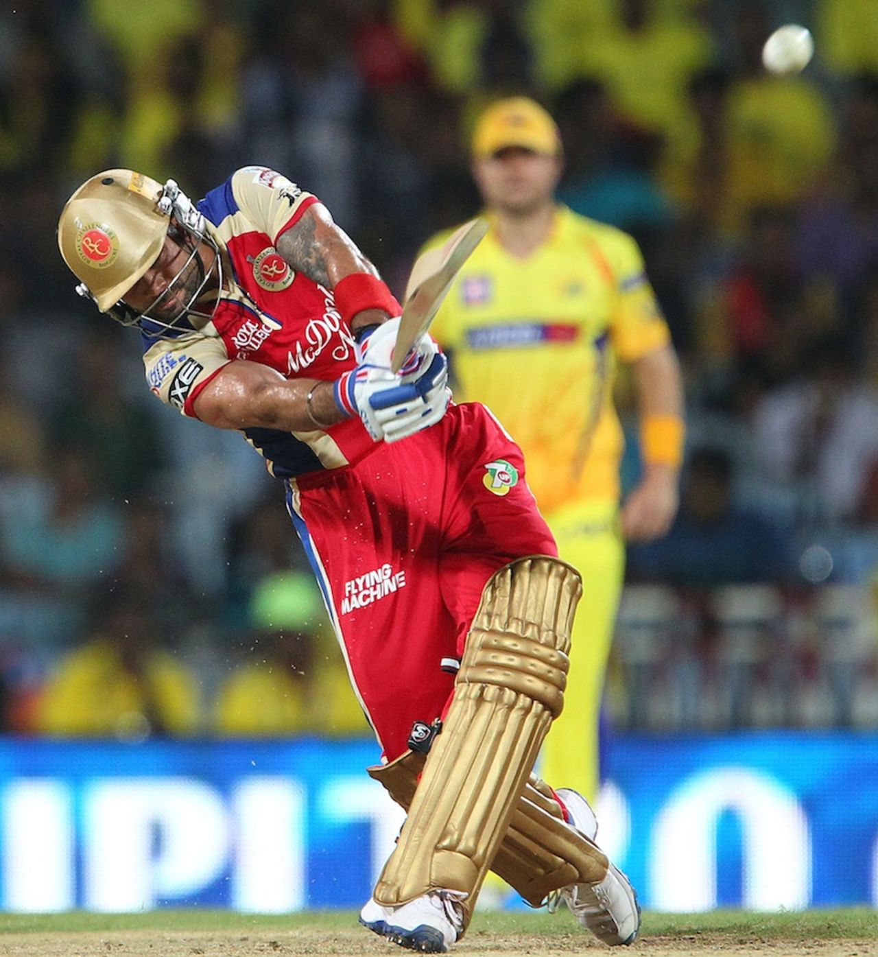 Virat Kohli slaps one straight down the ground, Chennai Super Kings v Royal Challengers Bangalore, IPL 2013, Chennai, April 13, 2013