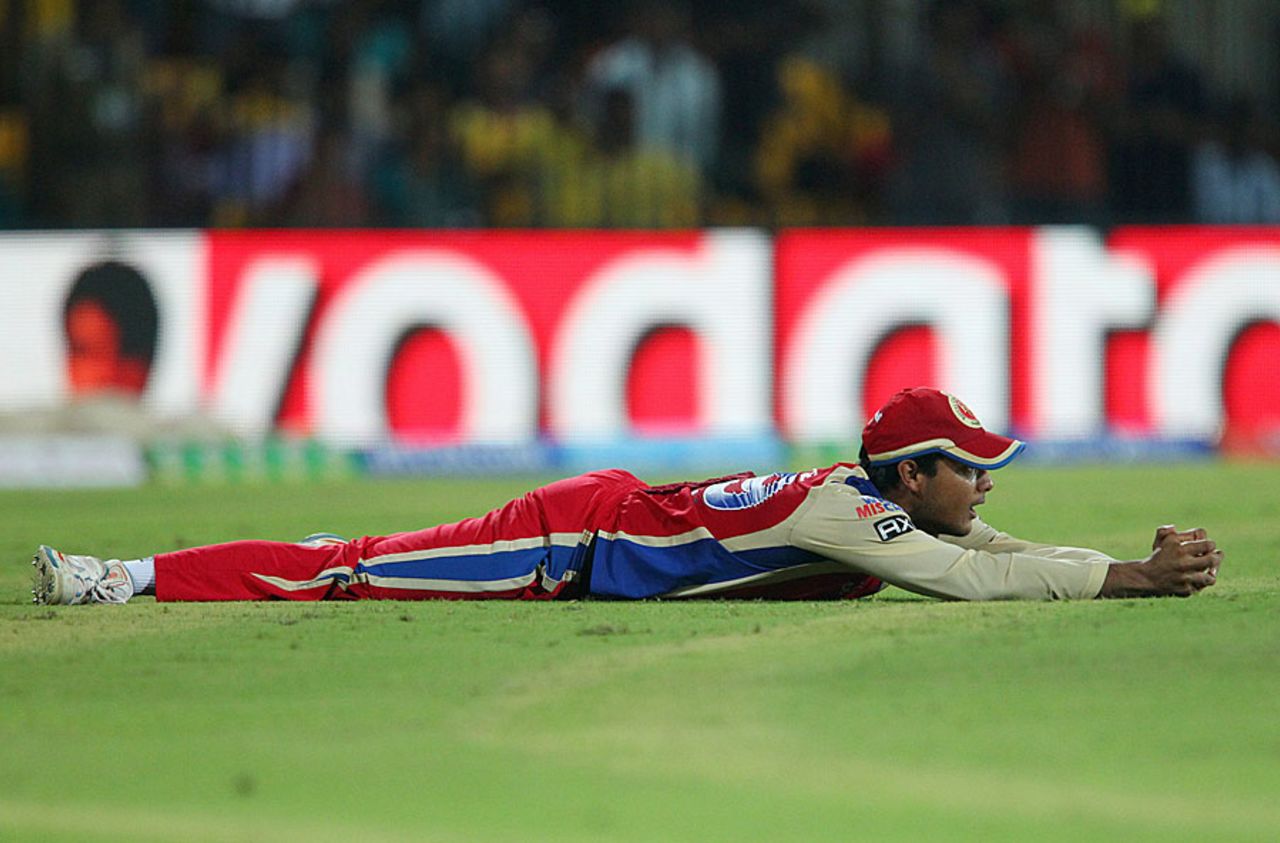 Mayank Agarwal takes a sharp outfield catch falling forward, Chennai Super Kings v Royal Challengers Bangalore, IPL 2013, Chennai, April 13, 2013
