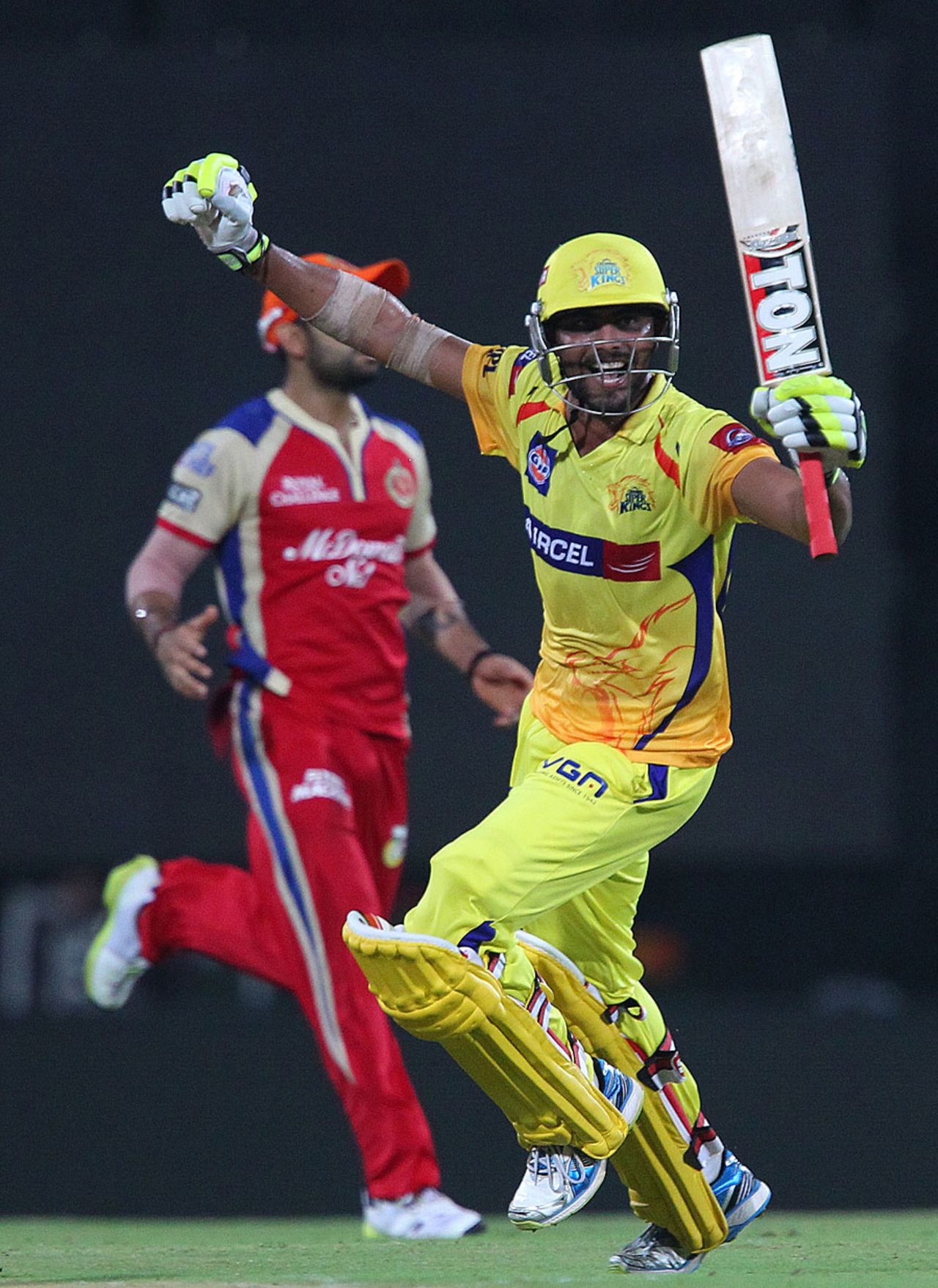 Ravindra Jadeja celebrates Super Kings' dramatic finish, Chennai Super Kings v Royal Challengers Bangalore, IPL 2013, Chennai, April 13, 2013
