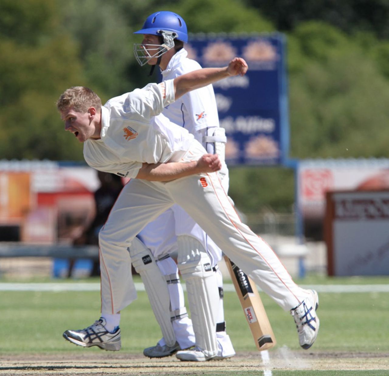 Timm van der Gugten in his follow through, Namibia v Netherlands, ICC Intercontinental Cup 2011-13, 1st day, Windhoek, April 11, 2013