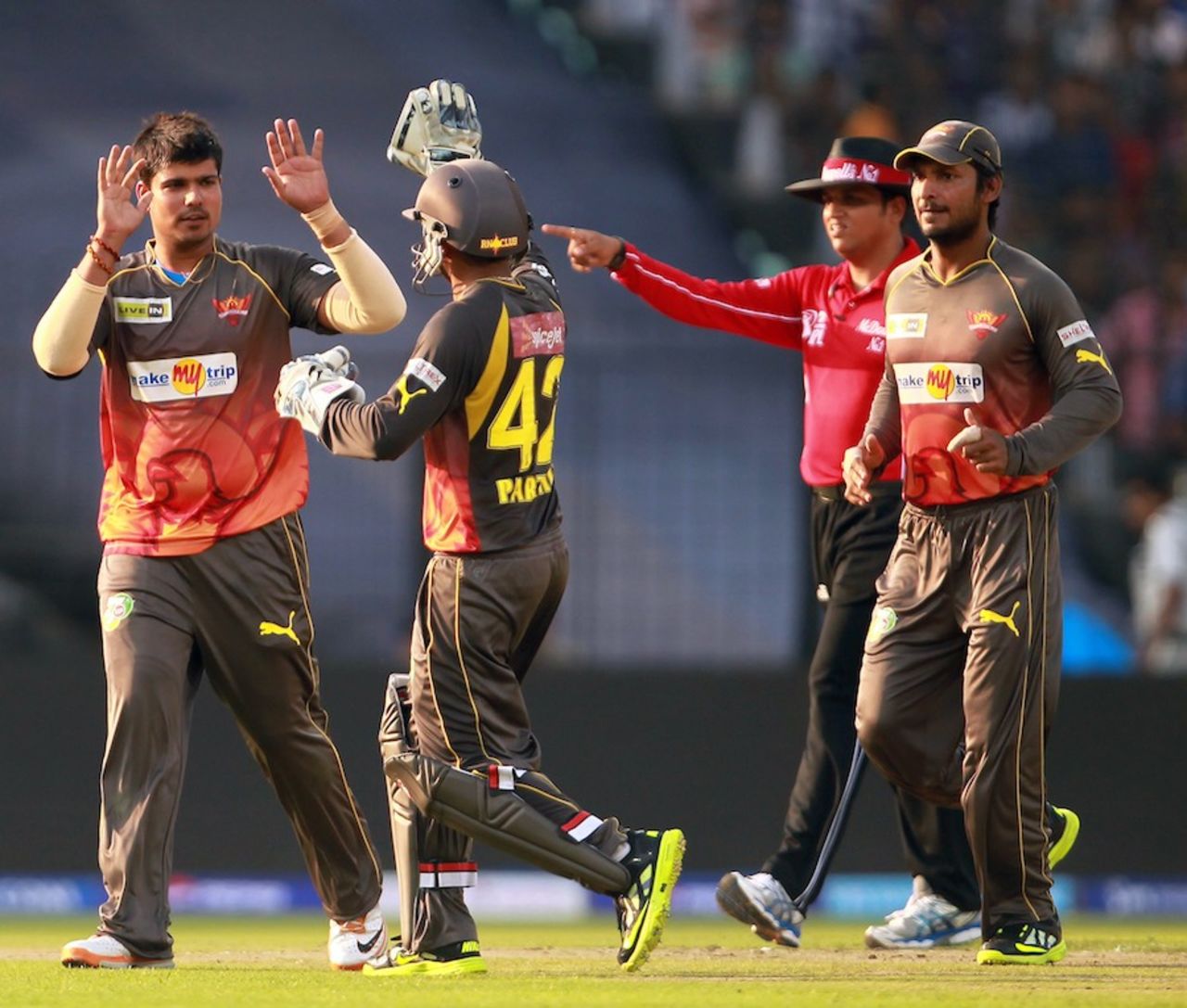 Karan Sharma celebrates Manvinder Bisla's wicket, Kolkata Knight Riders v Sunrisers Hyderabad, IPL, Kolkata, April 14, 2013