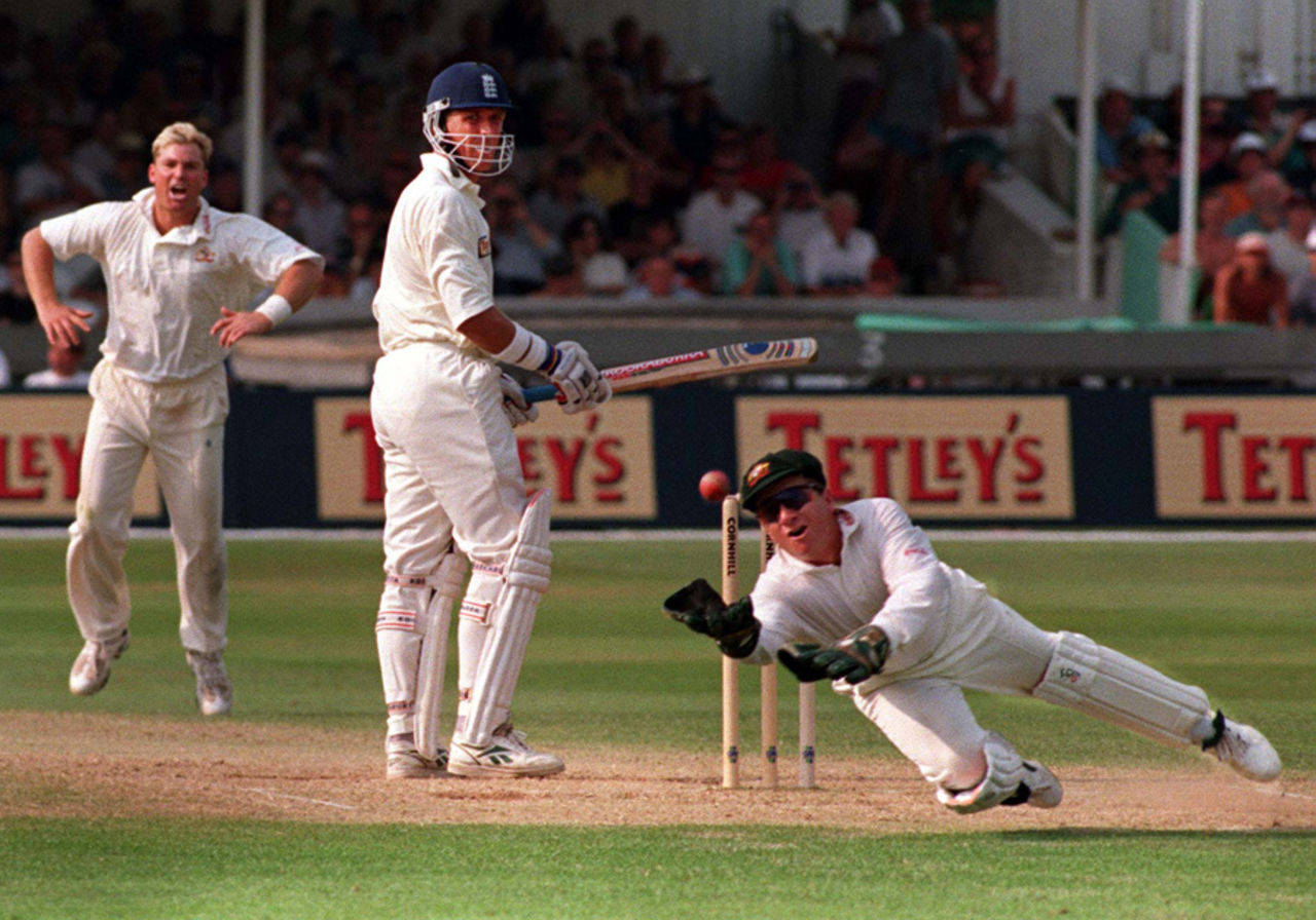 Ian Healy dives to take a catch to dismiss Alec Stewart for 87 off Shane Warne, England v Australia, 5th Test, Trent Bridge, 2nd day, August 8, 1997
