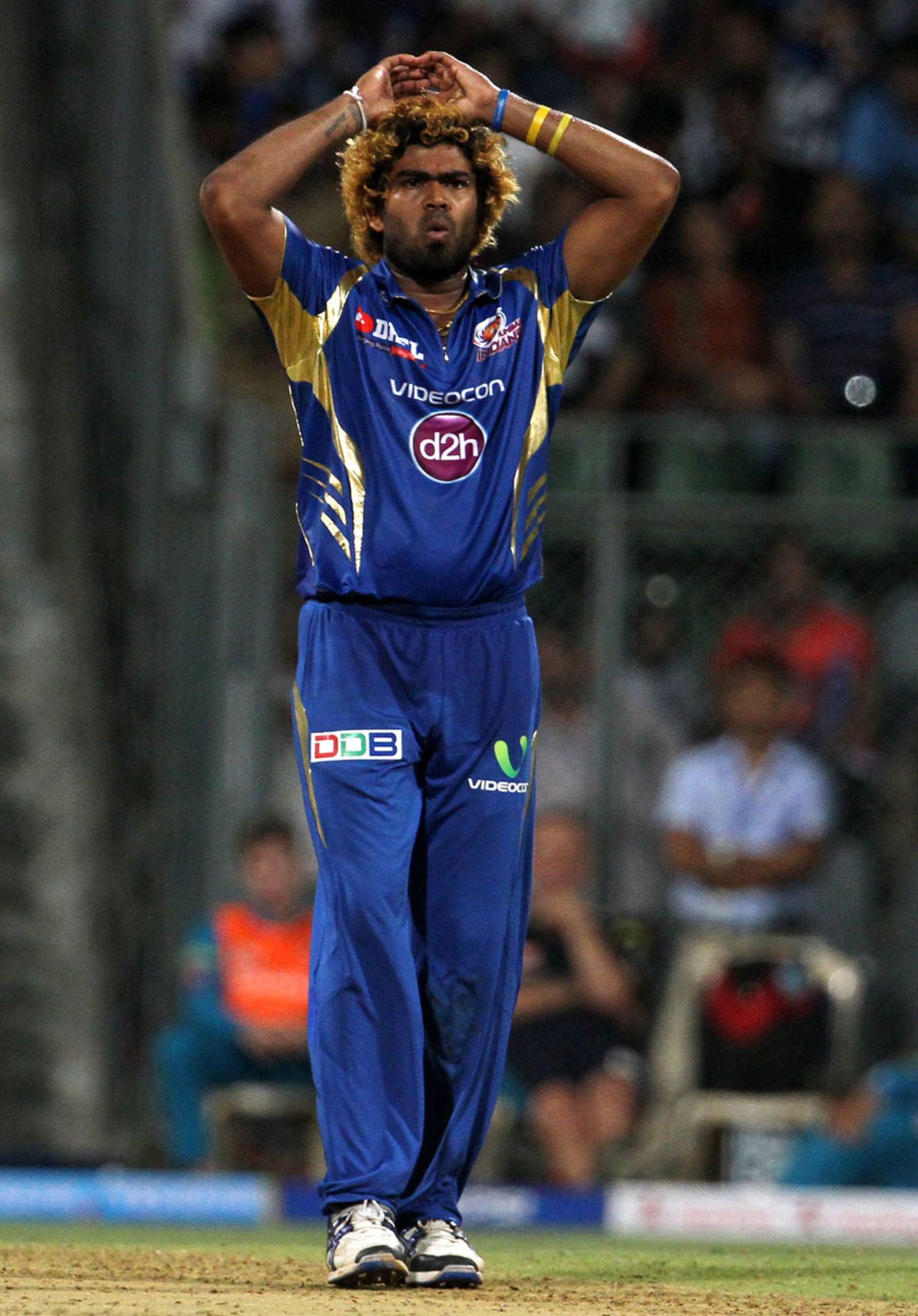 Lasith Malinga reacts after bowling, Mumbai Indians v Pune Warriors, IPL 2013, Mumbai, April 13, 2013