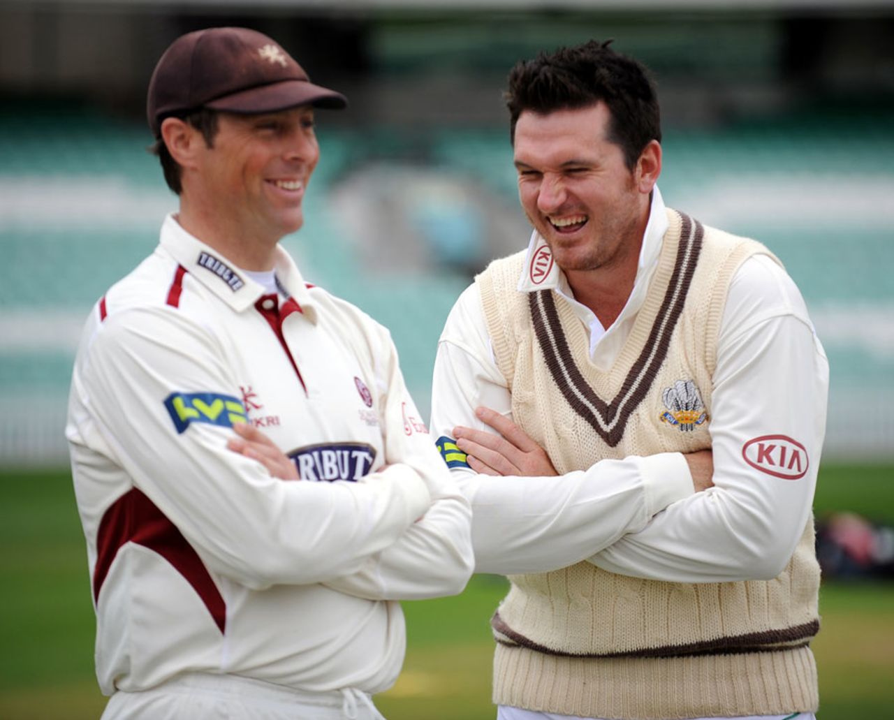 Marcus Trescothick and Graeme Smith share a joke, Surrey v Somerset, County Championship, Division One, The Oval, 1st day, April 17, 2013