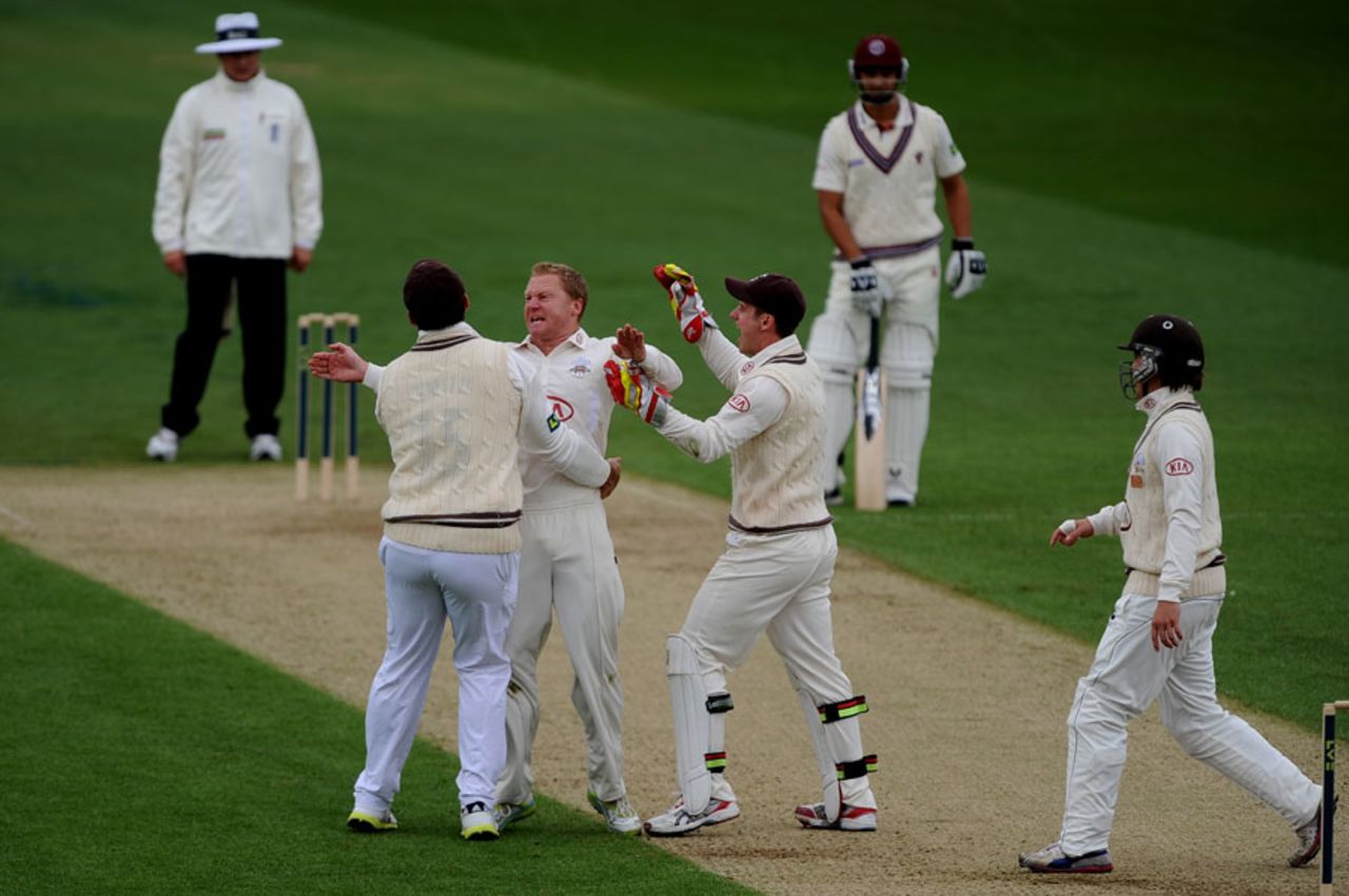 Gareth Batty celebrates removing Marcus Trescothick, Surrey v Somerset, County Championship, Division One, The Oval, 1st day, April 17, 2013