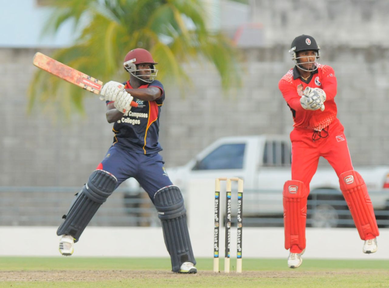 Anthony Alleyne cuts square, Combined Campuses and Colleges v Trinidad & Tobago, Regional Super 50 2012-13, Bridgetown, April 19, 2013