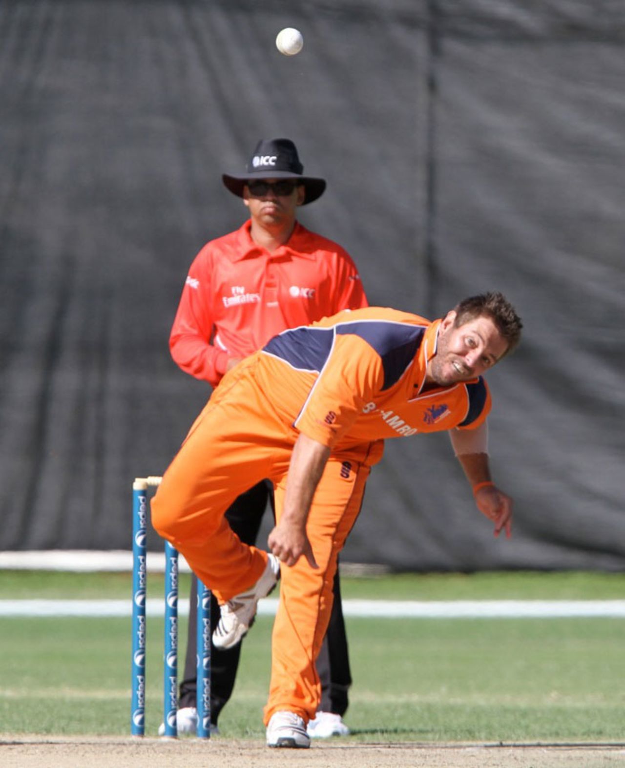 Michael Swart in his delivery stride, Namibia v Netherlands, ICC World Cricket League Championship, Windhoek, April 18, 2013