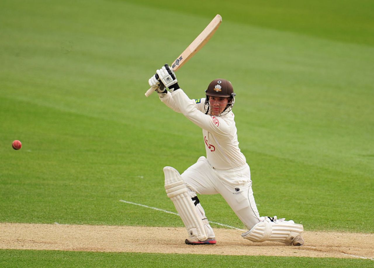 Rory Burns drives during his hundred, Surrey v Somerset, County Championship, Division One, The Oval, 3rd day, April 19, 2013