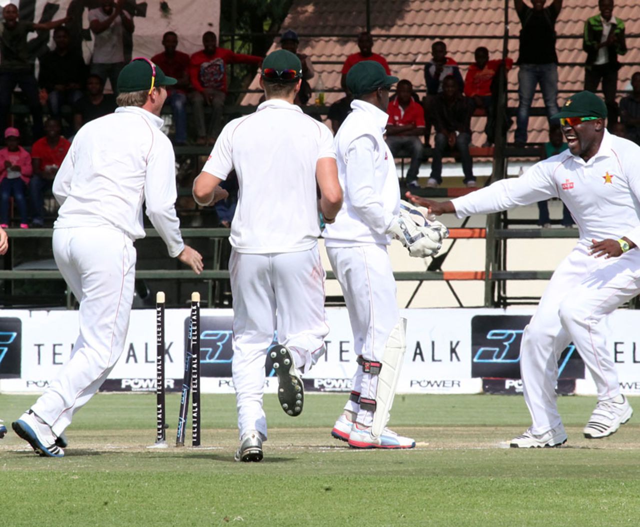 Zimbabwe celebrate the run out of Mohammad Ashraful, Zimbabwe v Bangladesh, 1st Test, 4th day, Harare, April 20, 2013