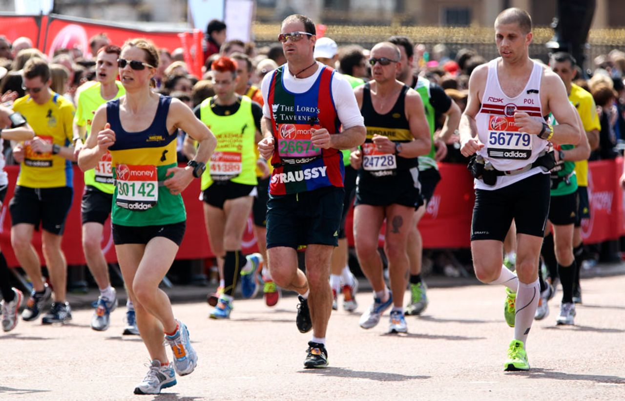 Andrew Strauss competes in the London marathon, London, April 21, 2013
