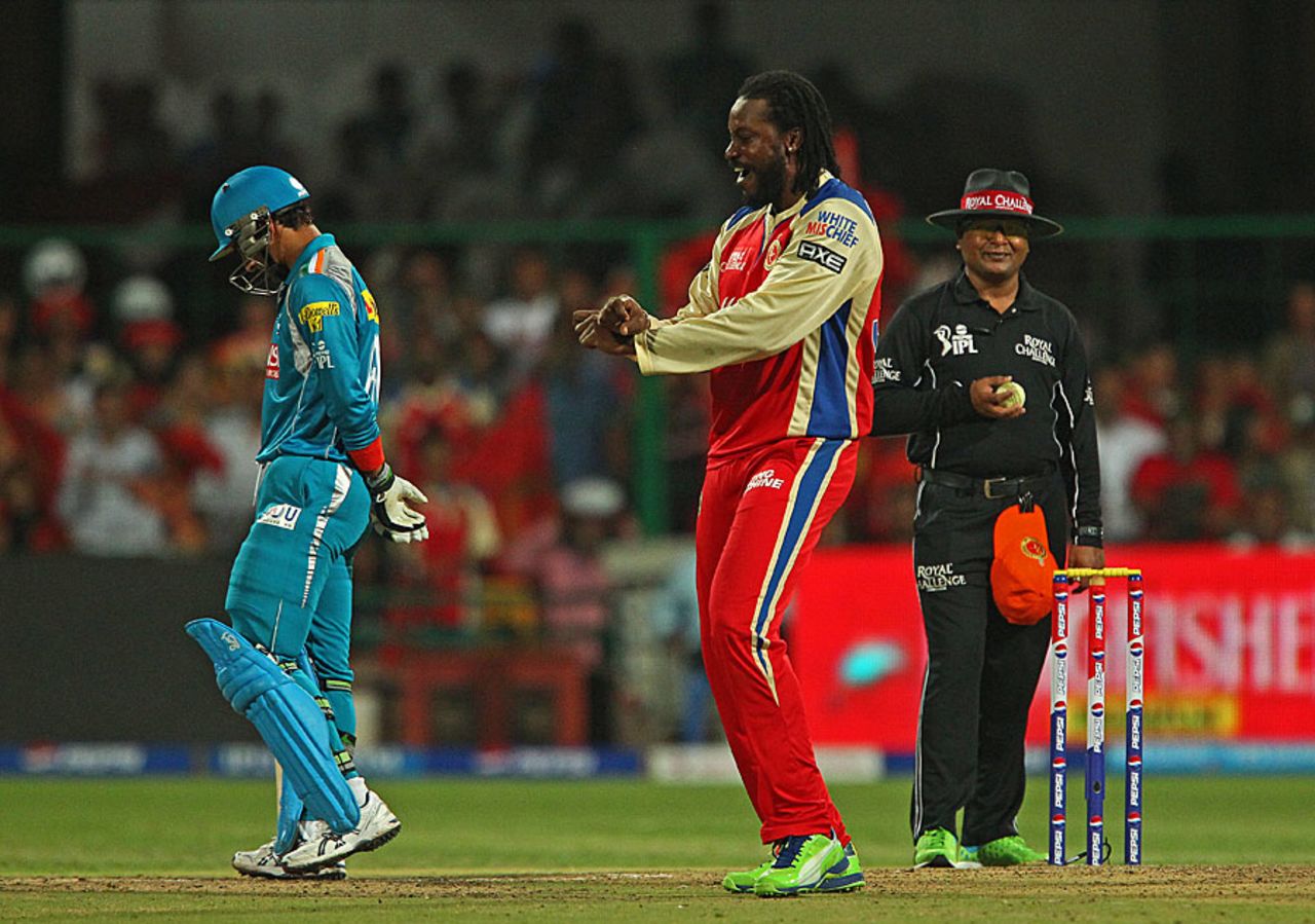 Chris Gayle gets the horse dance going after picking up a wicket, Royal Challengers Bangalore v Pune Warriors, IPL, Bangalore, April 23, 2013