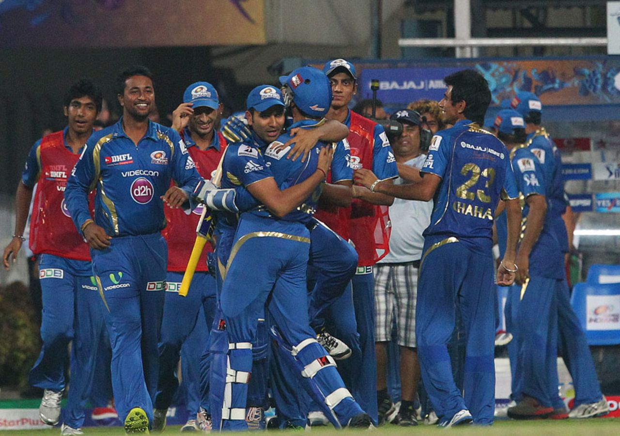 Mumbai Indians celebrate a close victory , Kolkata Knight Riders v Mumbai Indians, IPL 2013, Kolkata, April 24, 2013
