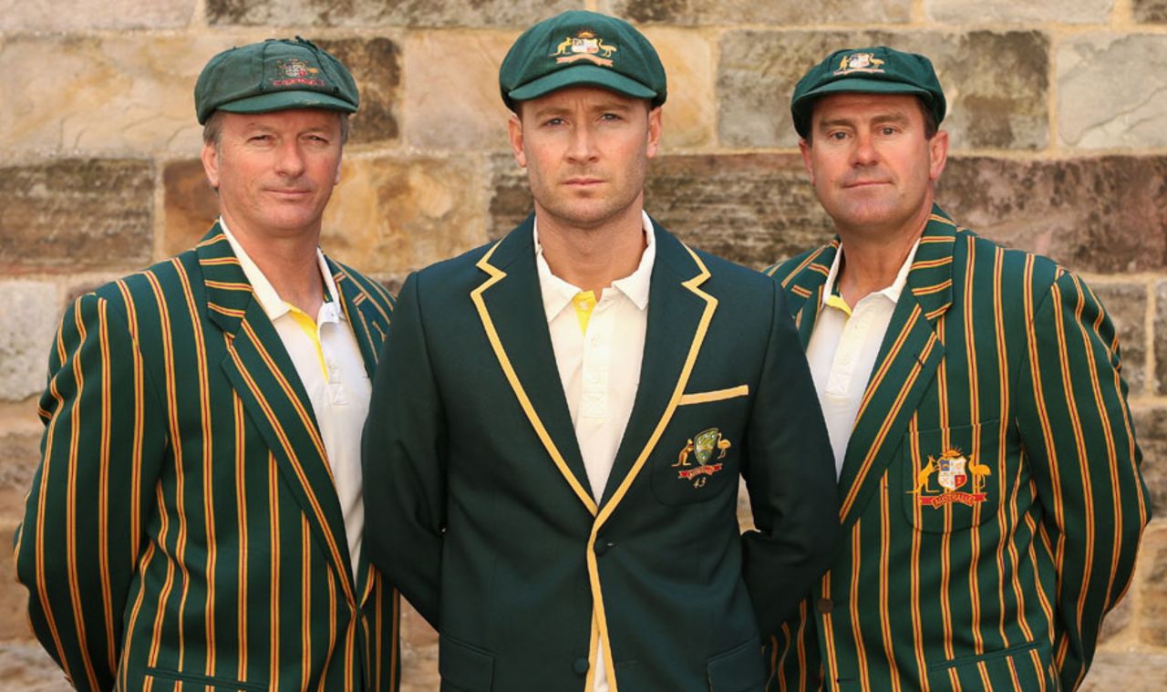 Steve Waugh, Michael Clarke and Mark Taylor pose for the cameras at the 2013 Ashes squad announcement, Sydney, April 24, 2013