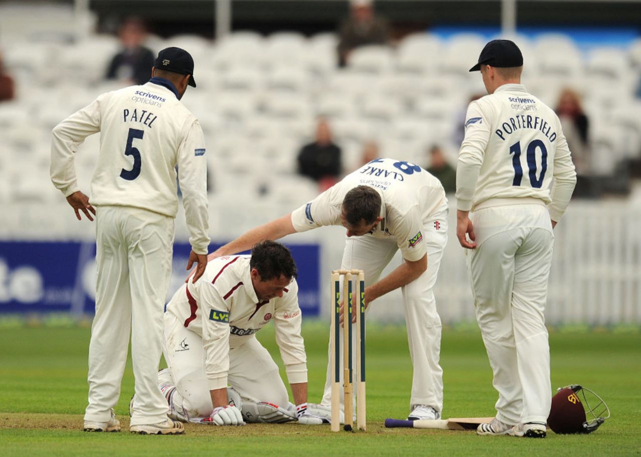 Marcus Trescothick took a blow in the neck from Rikki Clarke, Somerset v Warwickshire, County Championship, Division One, 1st day, April 25, 2013