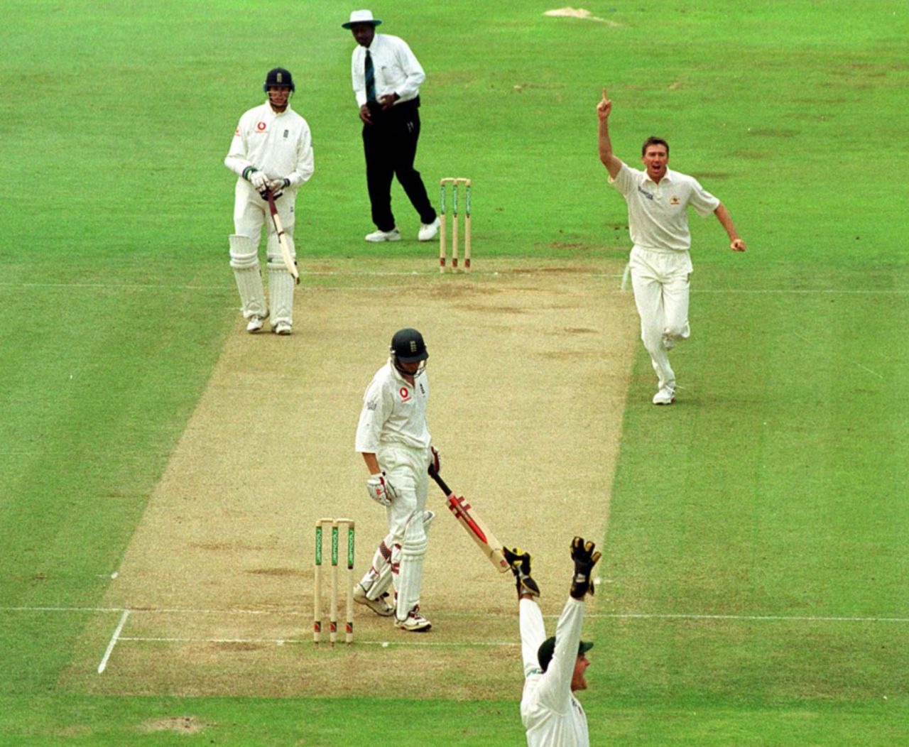 Glenn McGrath celebrates dismissing Mike Atherton for 4, England v Australia, 1st Test, Edgbaston, 3rd day, July 7, 2001