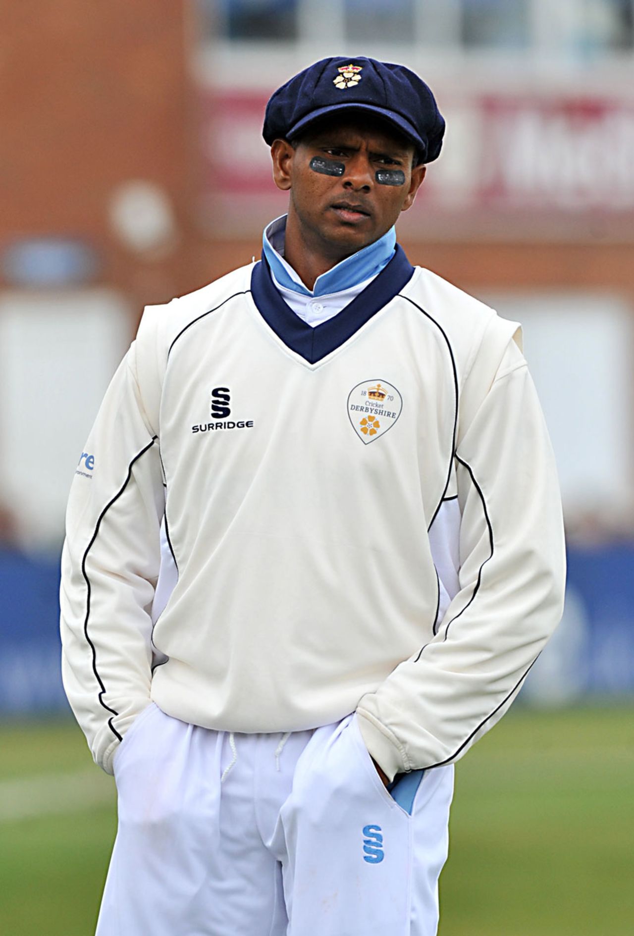 Shivnarine Chanderpaul tucks his hands into his pockets, Derbyshire v Nottinghamshire, County Championship, Division One, Derby, 2nd day, April 25, 2013
