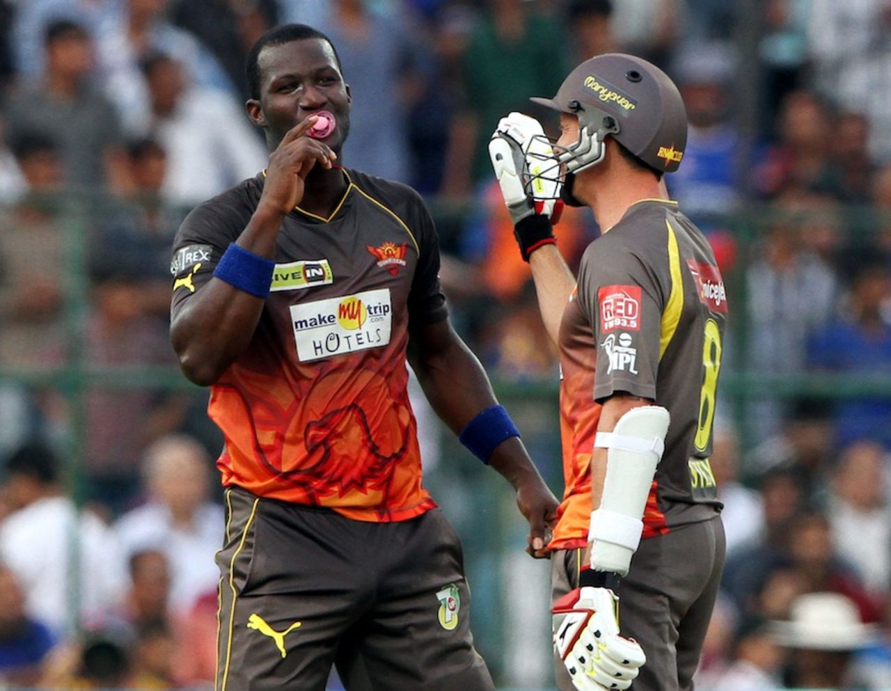 Darren Sammy celebrated his fifty by sucking on a pacifier, because he is a new father, Rajasthan Royals v Sunrisers Hyderabad, IPL, Jaipur, April 27, 2013