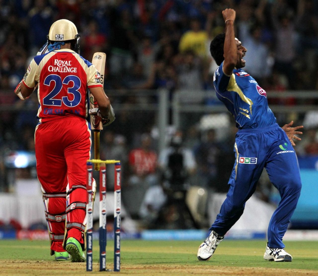 Dhawal Kulkarni celebrates a wicket, Mumbai Indians v Royal Challengers Bangalore, IPL, Mumbai, April 27, 2013