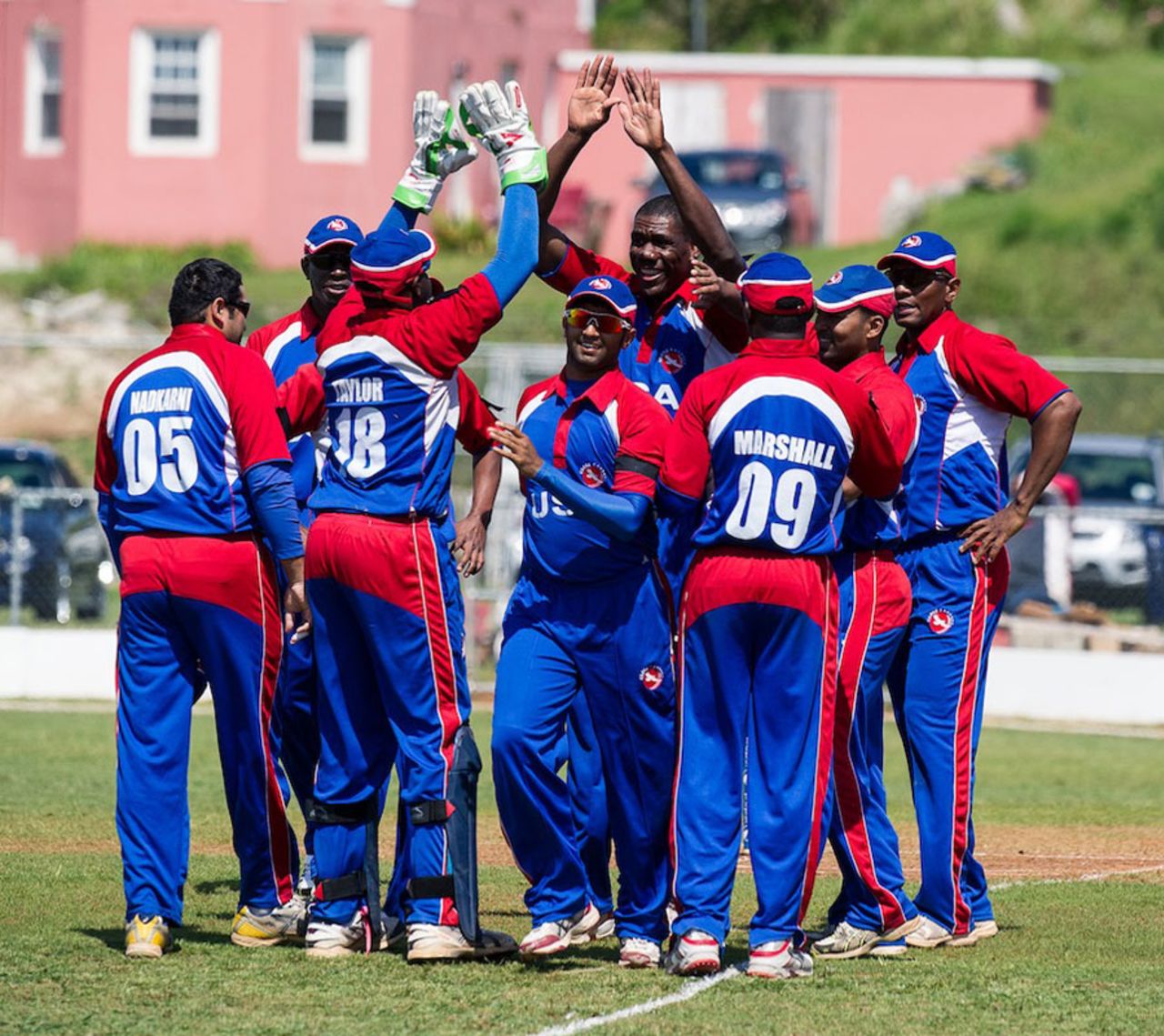 The USA team celebrate a wicket, Nepal v USA, ICC World Cricket League Division Three, Somerset, Bermuda, April 28, 2013