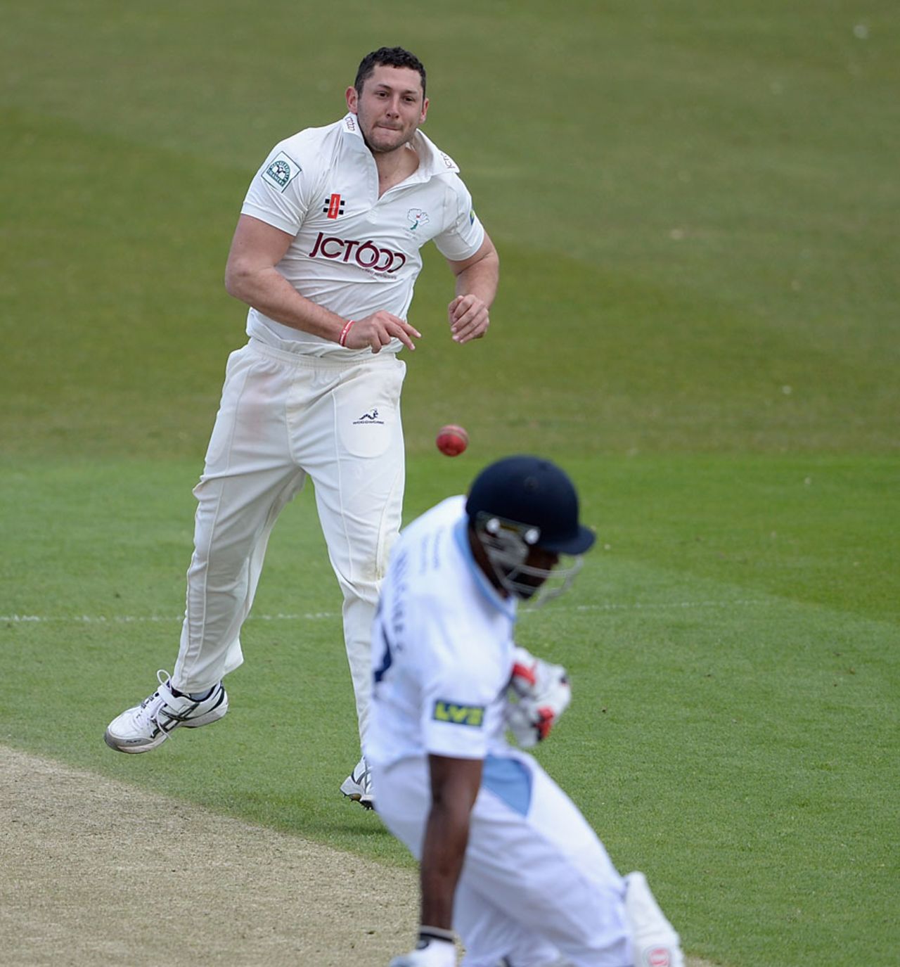 Tim Bresnan flings the ball back at Chesney Hughes, Yorkshire v Derbyshire, County Championship, Division One, Headingley, 2nd day, April 30, 2013