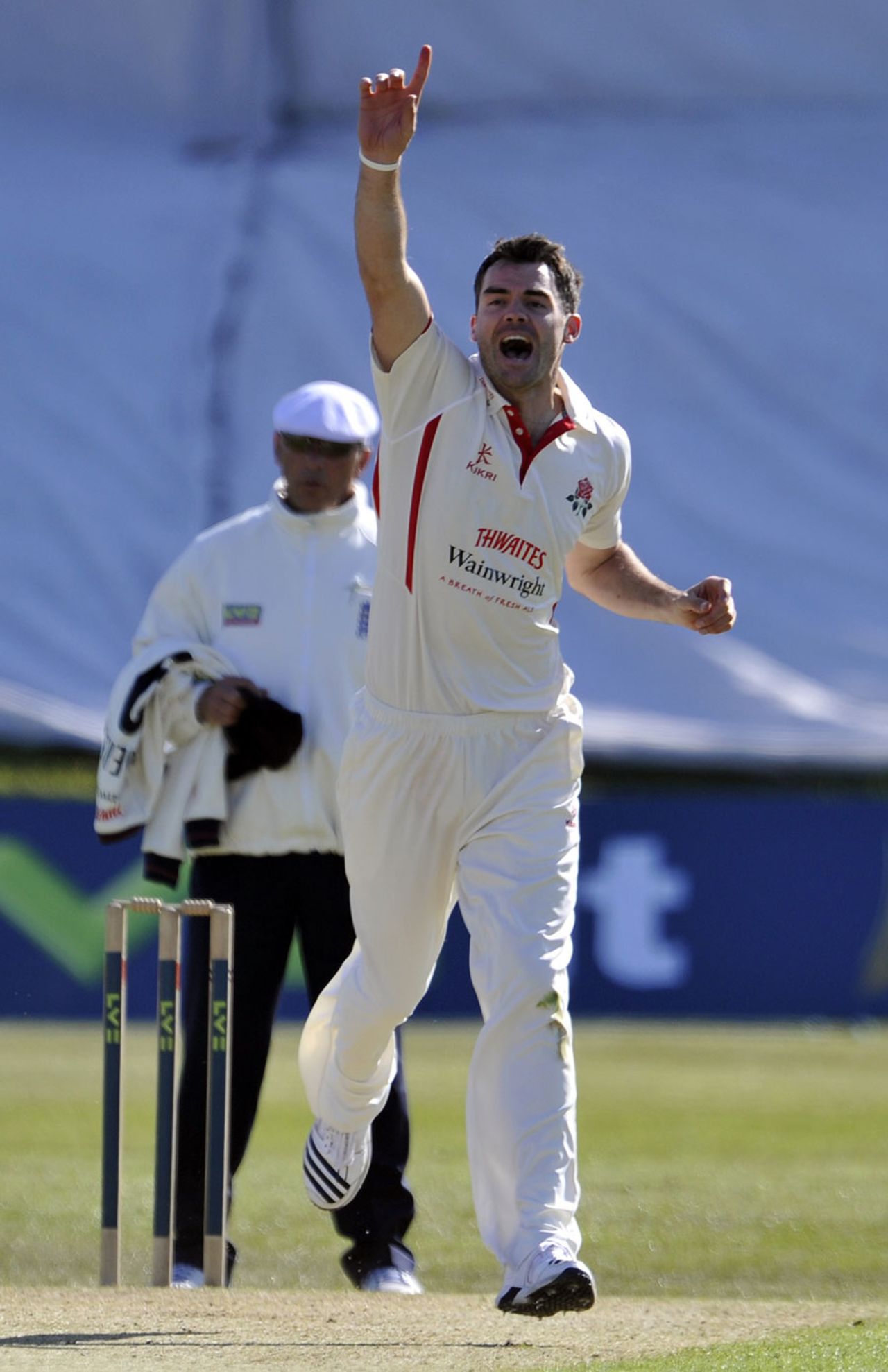 James Anderson celebrates a wicket, Glamorgan v Lancashire, County Championship, Division Two, Colwyn Bay, 1st day, May 1, 2012