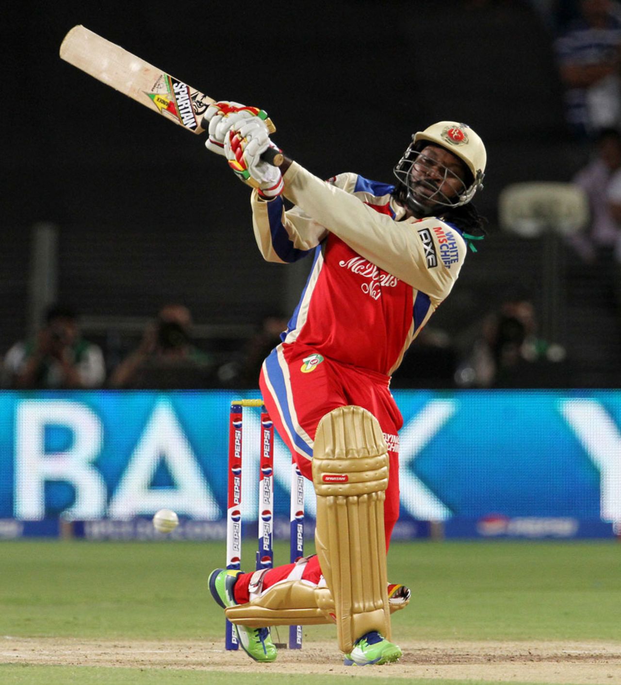 Chris Gayle smashes a ball through the leg side, Pune Warriors v Royal Challengers Bangalore, IPL 2013, Pune, May 2, 2013