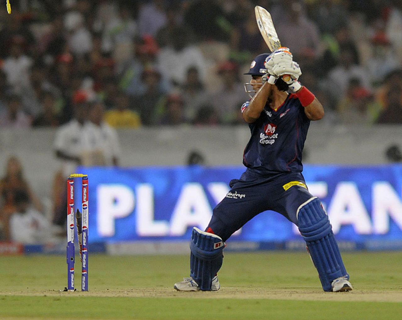 Unmukt Chand makes room and loses his leg stump to Dale Steyn, Sunrisers Hyderabad v Delhi Daredevils, IPL, Hyderabad, May 4, 2013