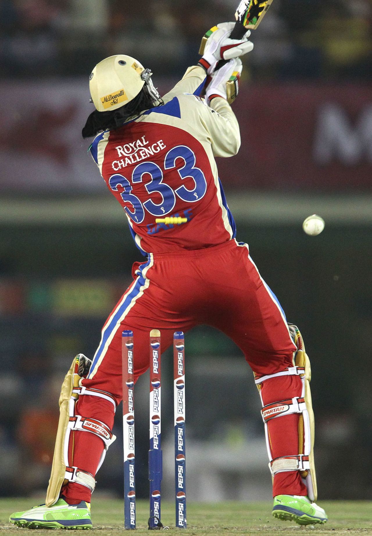 Chris Gayle was bowled for a 33-ball 61, Kings XI Punjab v Royal Challengers Bangalore, IPL, Mohali, May 6, 2013 