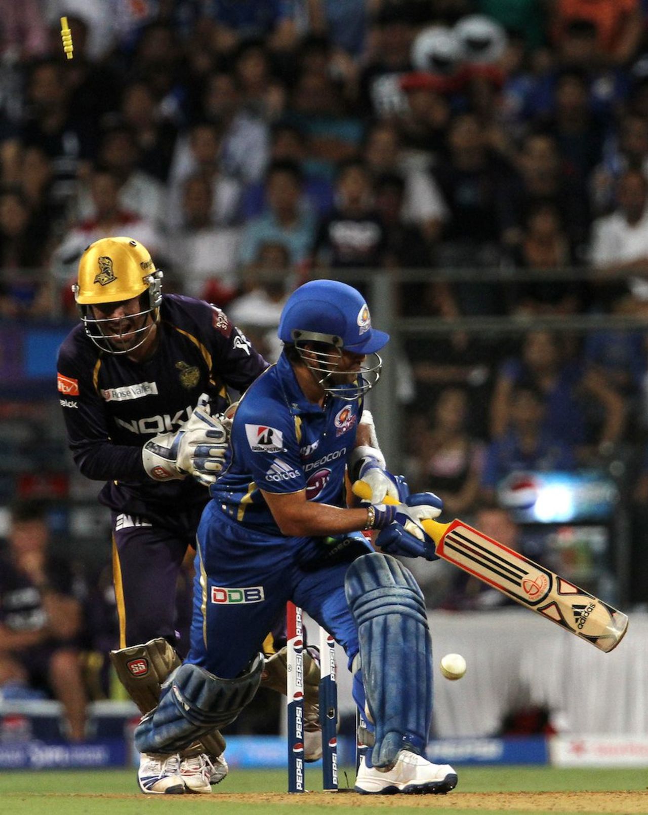 Sachin Tendulkar was bowled while playing the paddle, Mumbai Indians v Kolkata Knight Riders, IPL, Mumbai, May 7, 2013