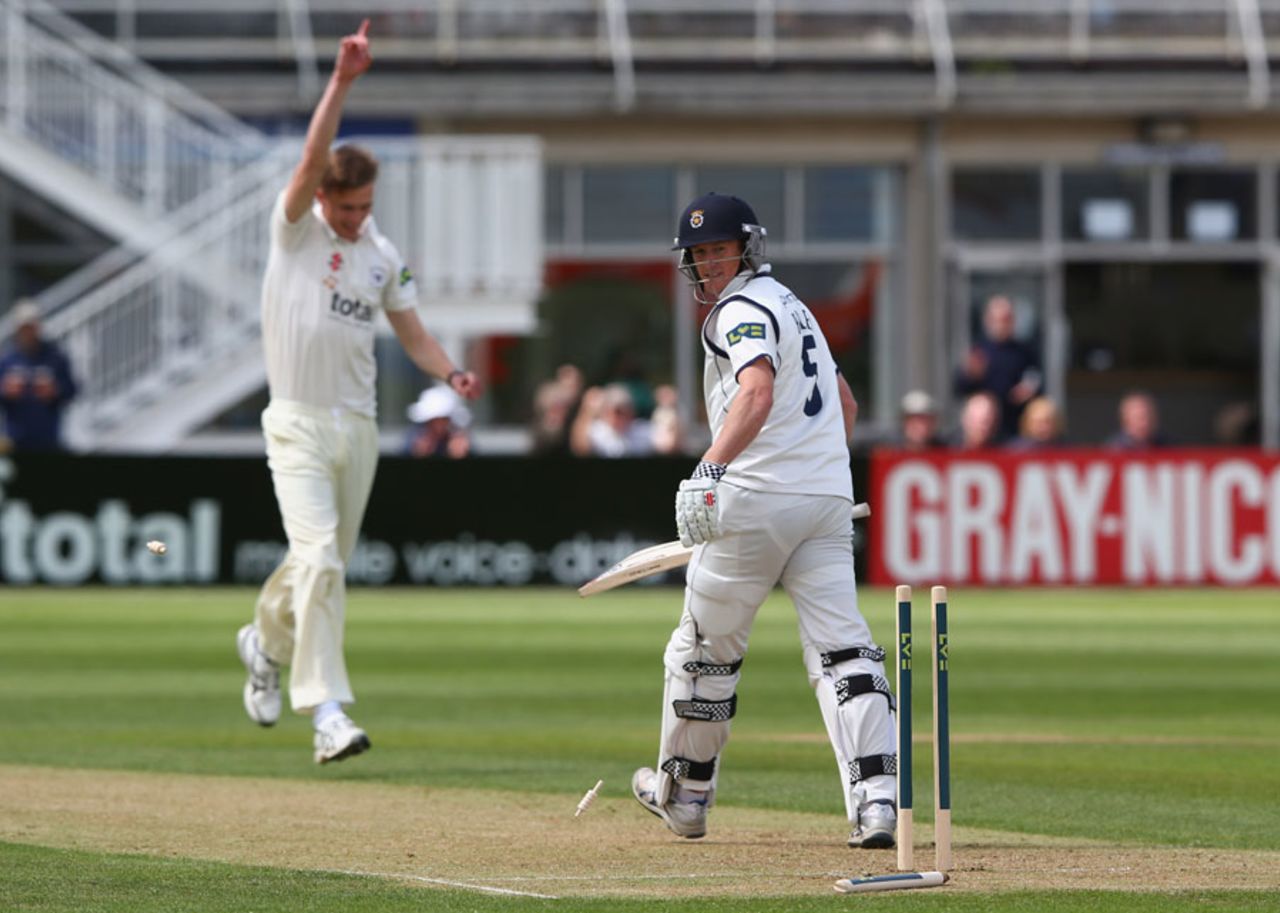 George Bailey lost his off stump to Craig Miles, Gloucestershire v Hampshire, County Championship, Division Two, Bristol, 1st day, May 8, 2013
