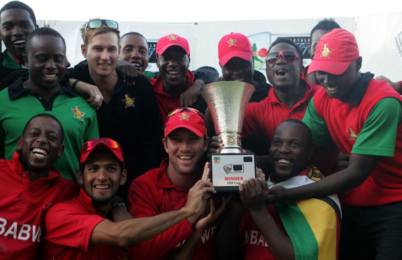 The Zimbabwe team celebrate their series win, Zimbabwe v Bangladesh, 3rd ODI, Bulawayo, May 8, 2013