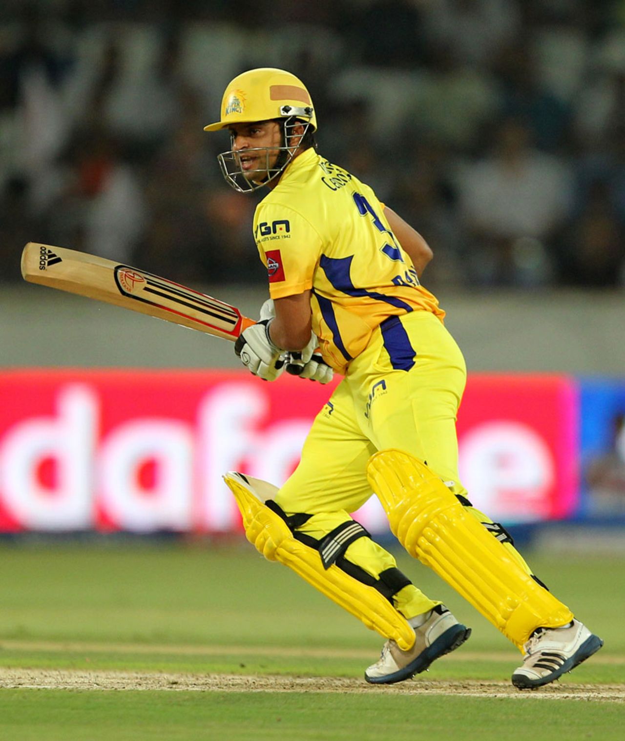 Suresh Raina punches a drive through the offside, Sunrisers Hyderabad v Chennai Super Kings, IPL 2013, Hyderabad, May 8, 2013