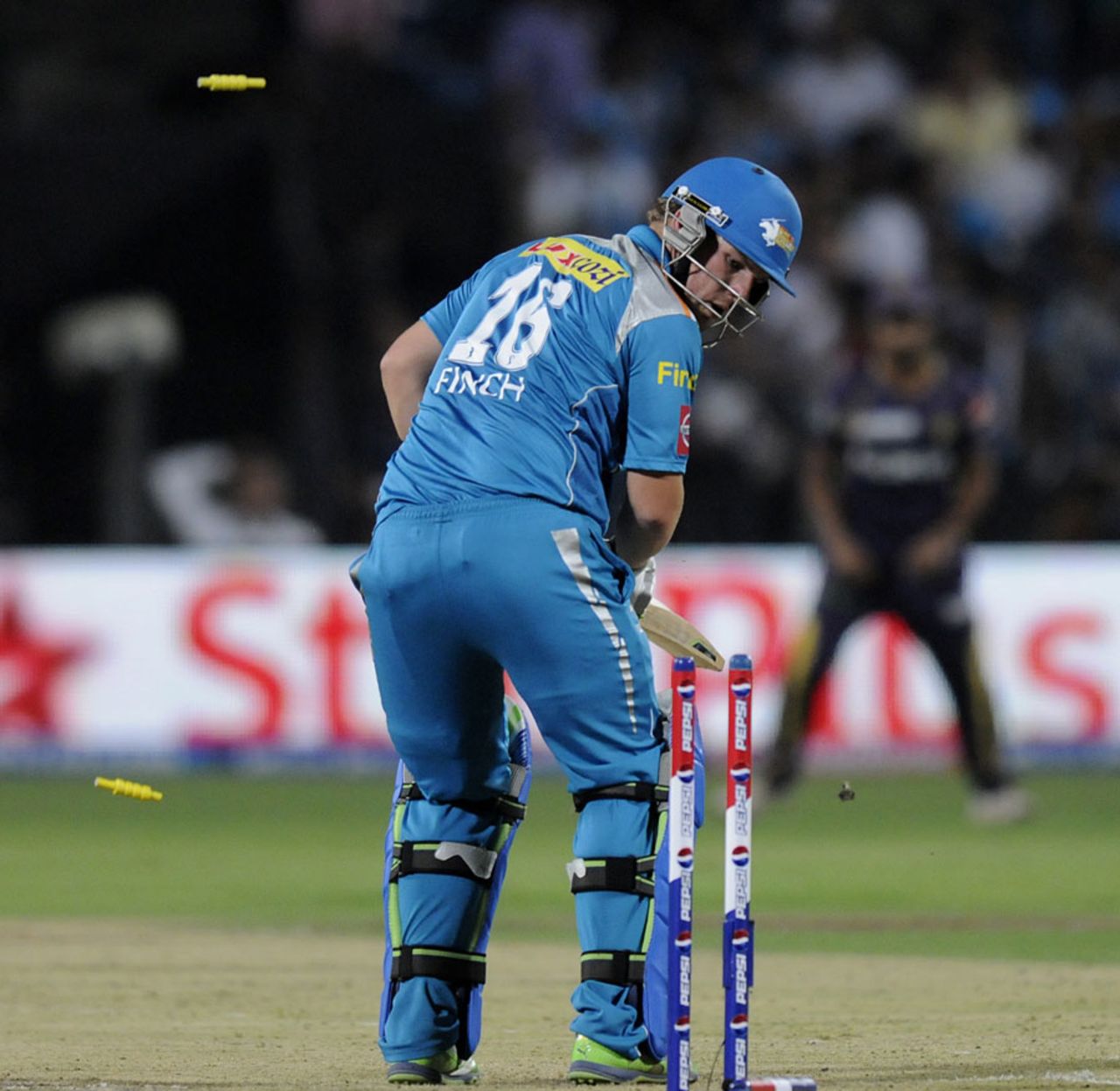 Aaron Finch finds his stumps broken by a Jacques Kallis delivery, Pune Warriors v Kolkata Knight Riders, IPL 2013, Pune, May 9, 2013