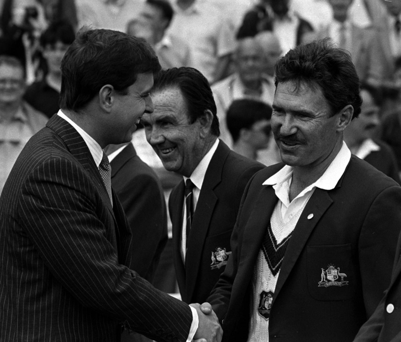The Duke of York shakes hands with Australian captain Allan Border, England v Australia, 4th Test, 1st day, July 27, 1989