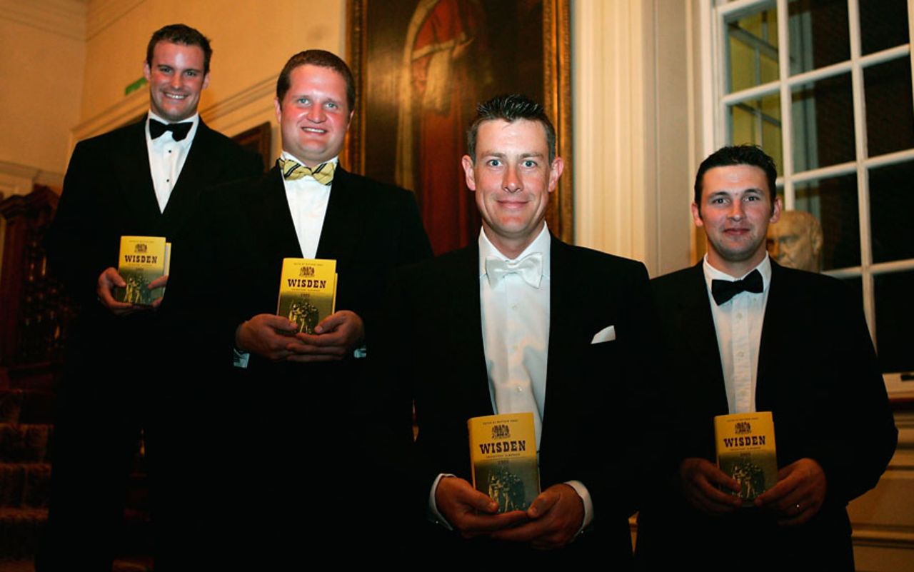 Andrew Strauss, Robert Key, Ashley Giles and Steve Harmison (from left) pose with copies of the 2005 <i>Wisden Cricketers' Almanack</i>, April 6, 2005