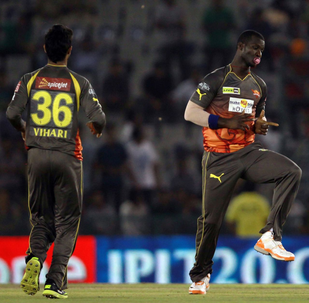 Darren Sammy does a little jig with a pacifier after claiming a wicket, Kings XI Punjab v Sunrisers Hyderabad, IPL, Mohali, May 11, 2013