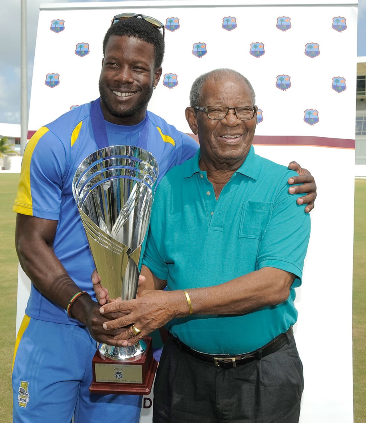 Kirk Edwards with Everton Weekes, Barbados v Trinidad & Tobago, Regional Four Day Competition - Final, Bridgetown, May 11, 2013