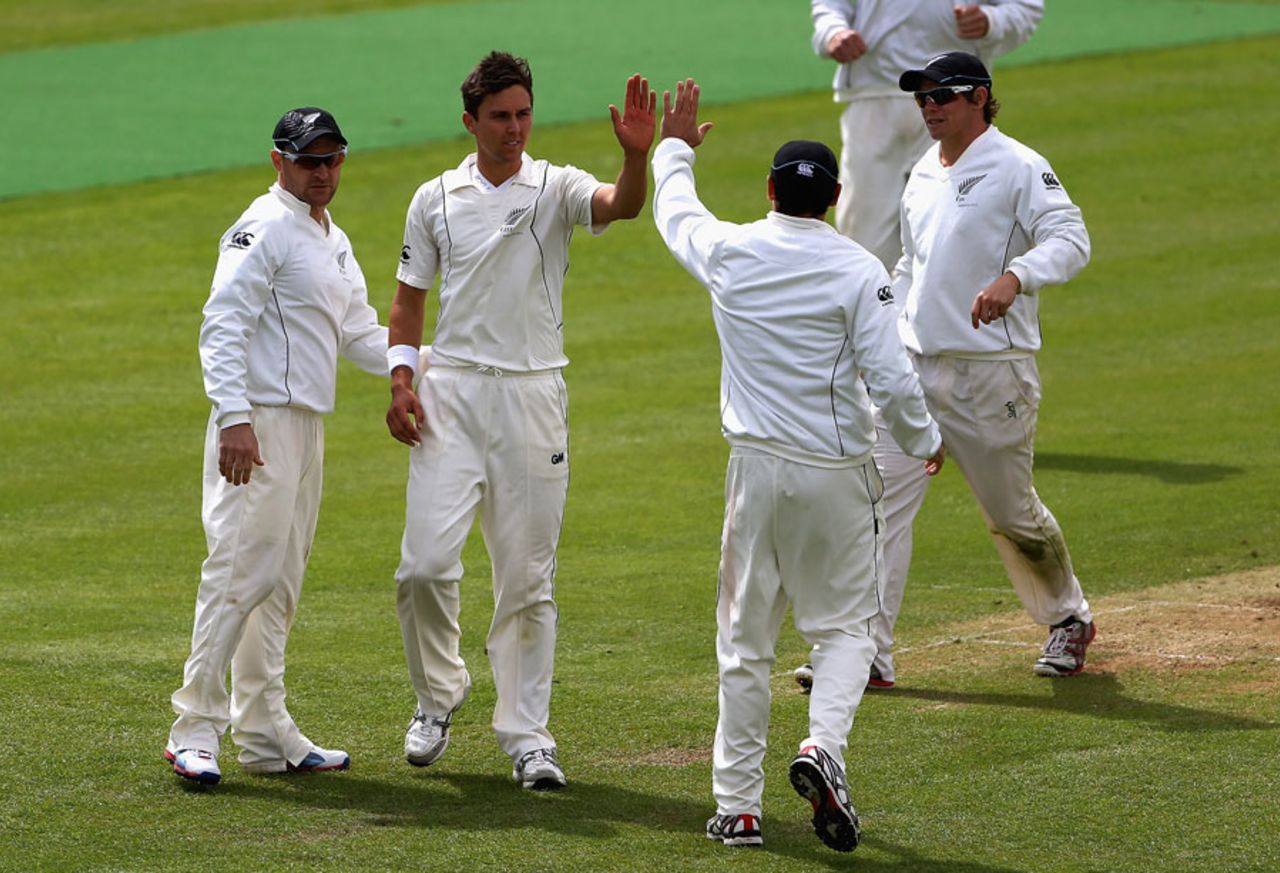 Trent Boult celebrates taking his third wicket, England Lions v New Zealanders, Tour match, Grace Road, 4th day, May 12, 2013