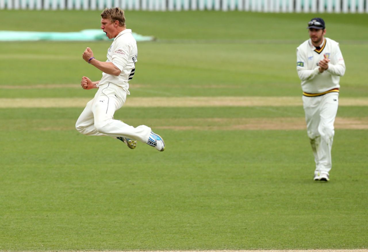 Scott Borthwick leaps to celebrate a wicket, Surrey v Durham, County Championship, Division One, The Oval, 3rd day, May 12, 2012