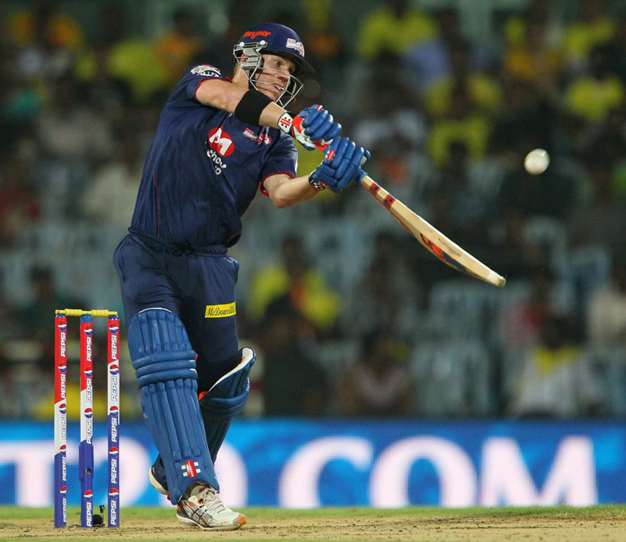 David Warner plays a lofted shot during his innings, Chennai Super Kings v Delhi Daredevils, IPL 2013, Chennai, May 14, 2013