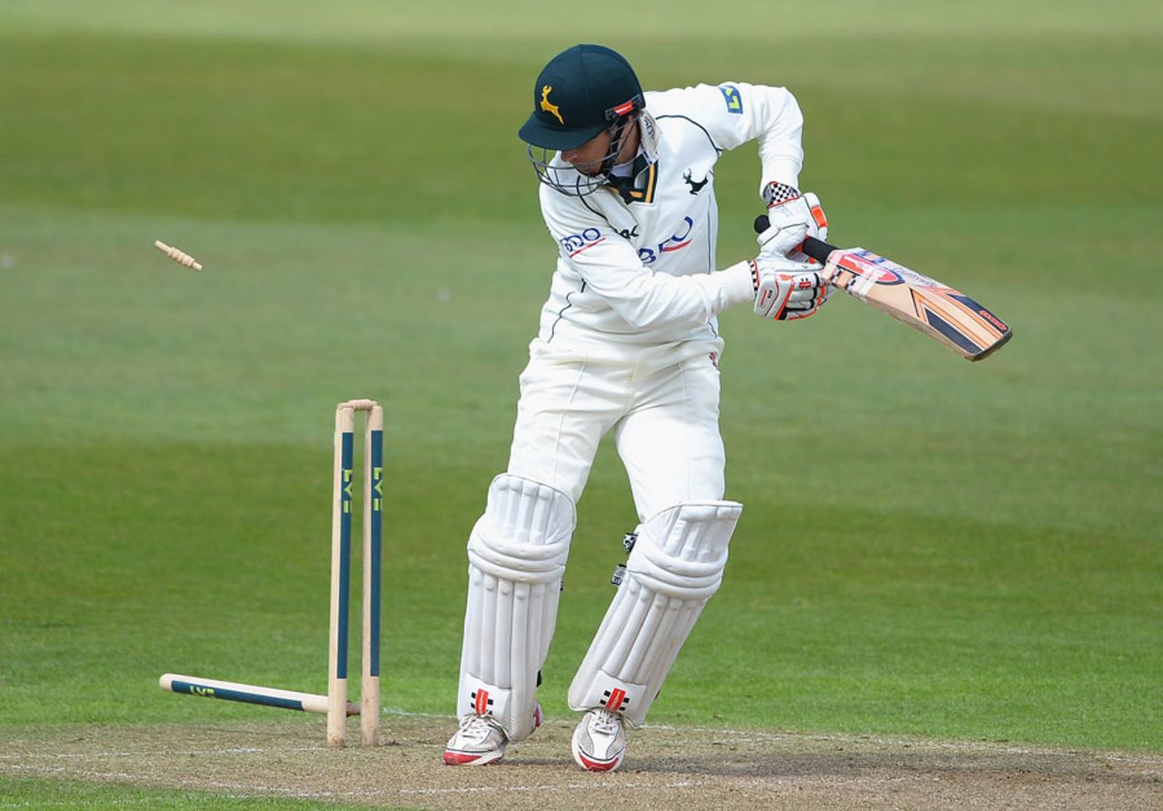 James Taylor played on for 47, removing Alex Hales, Nottinghamshire v Surrey, County Championship, Division One, Trent Bridge, 1st day, May, 15 2013