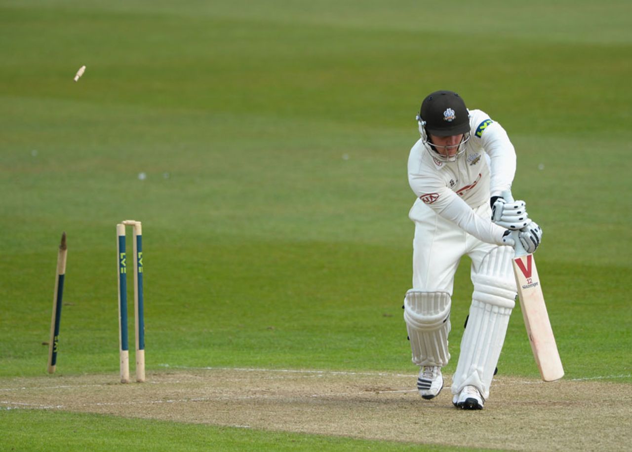 Jason Roy lost his off stump on 5, Nottinghamshire v Surrey, County Championship, Division One, Trent Bridge, 2nd day, May 16, 2013