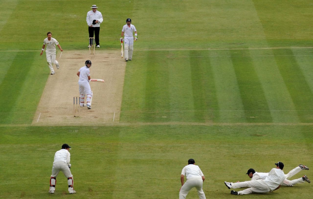 Dean Brownlie, at third slip, takes a diving catch to dismiss Jonathan Trott, England v New Zealand, 1st Investec Test, Lord's, 1st day, May 16, 2013