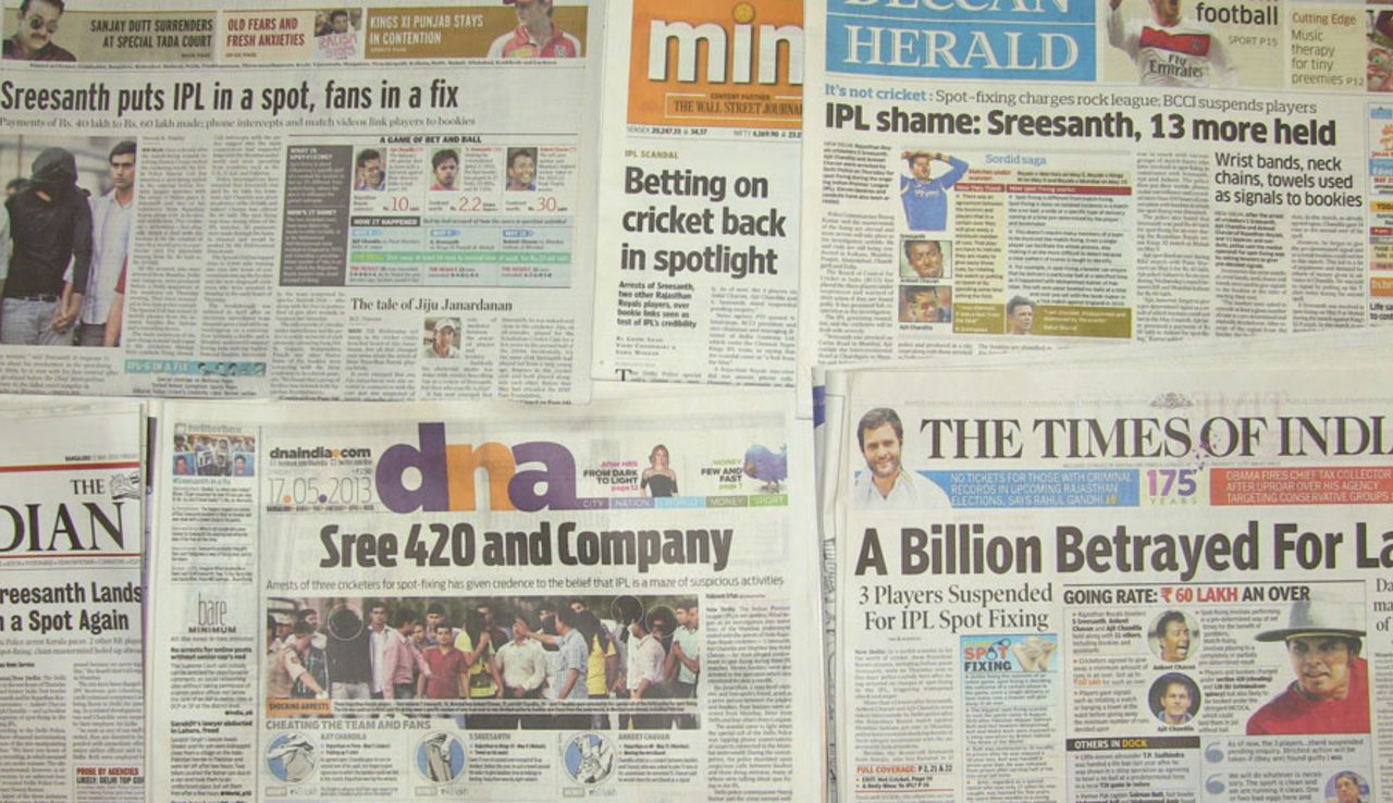 A selection of headlines in India in the aftermath of the IPL spot-fixing allegations, May 17, 2013