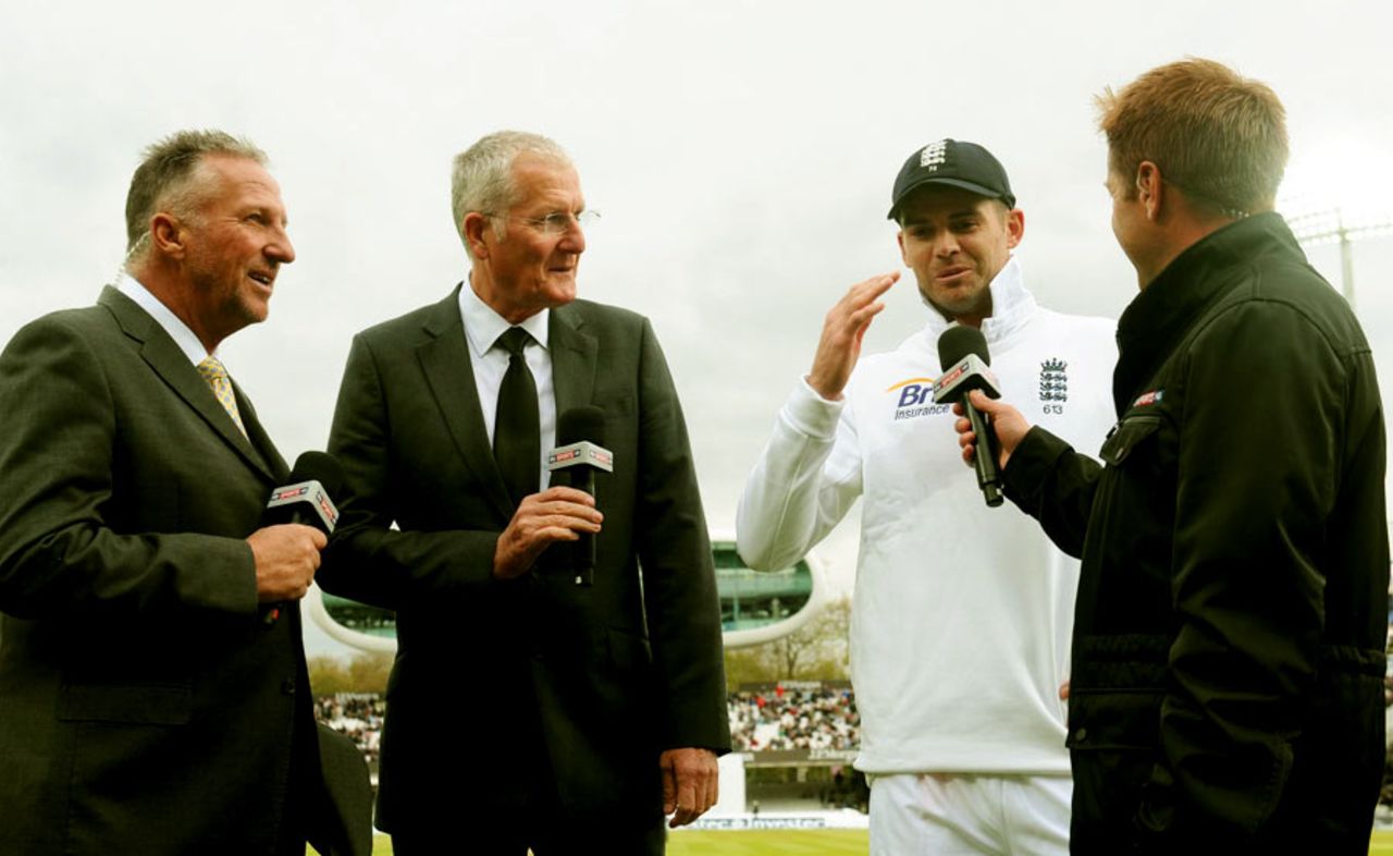 James Anderson is interviewed with fellow 300-club members Ian Botham and Bob Willis, England v New Zealand, 1st Investec Test, Lord's, 2nd day, May 17, 2013
