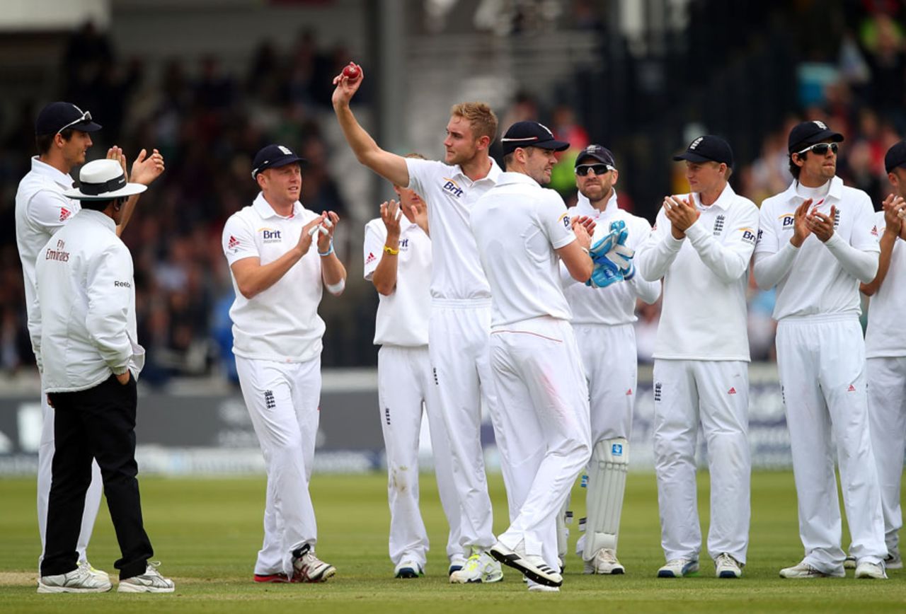 Stuart Broad holds the ball up to the crowd after taking his fifth wicket, England v New Zealand, 1st Investec Test, Lord's, 4th day, May 19, 2013